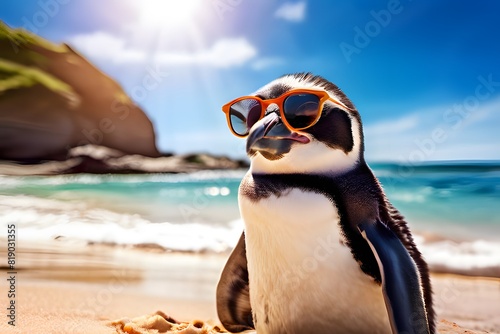 Artistic photograph of a penguin with black glasses on a summer beach