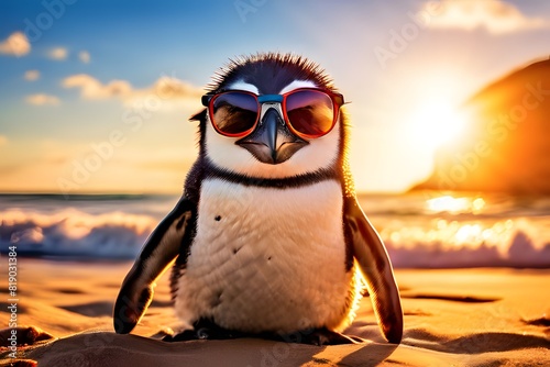 Quirky shot of a penguin wearing shades at the beach in summer