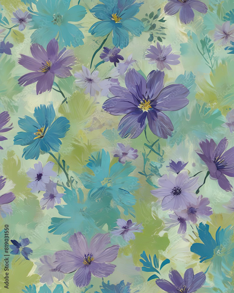 Abstract Matisse Style Violet and Cyan Flowers on Lime Background Gen AI