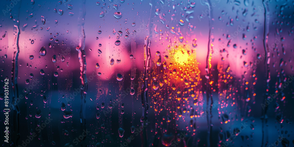condensation and raindrops on a window. pink purple sunset blur. condensation and raindrops on a window. pink purple sunset blur.