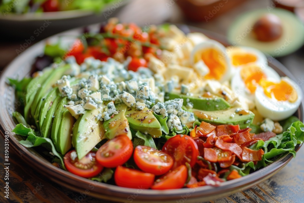 Cobb salad featuring crisp lettuce, ripe cherry tomatoes, hard-boiled eggs, avocado slices, crumbled blue cheese. Cobb salad featuring crisp lettuce, ripe cherry tomatoes, hard-boiled eggs, avocado slices, crumbled blue cheese.