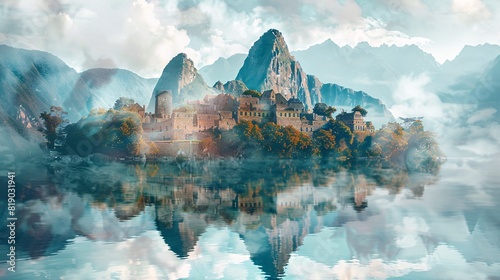 Double exposure of Machu Picchu and Venice canals, blending ancient wonders with romantic waterways. photo