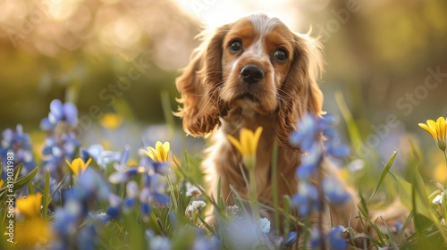 Cocker spaniel on the grass among flowers. photo