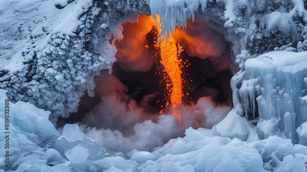 Fiery Orange Lava Flowing Through Ice Formations Creating a Striking Contrast Fiery Orange Lava Flowing Through Ice Formations Creating a Striking Contrast