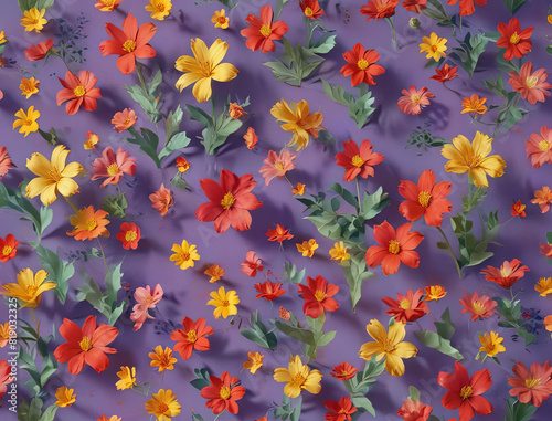 Matisse Style 3D Render of Abstract Red and Yellow Flowers on Purple Background Gen AI