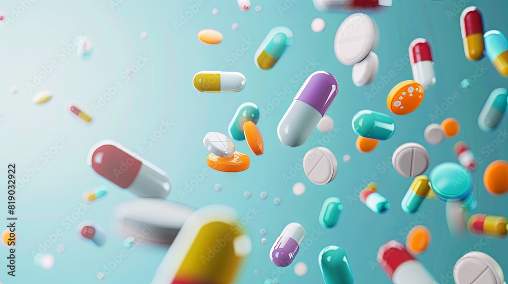 3D vector illustration of flying pills, tab packaging and bottle floating on a light blue background with retrieval of parameters. Colorful design concept for a banner or poster ad for pharmacy, medic 3D vector illustration of flying pills, tab packaging and bottle floating on a light blue background with retrieval of parameters. Colorful design concept for a banner or poster ad for pharmacy, medic