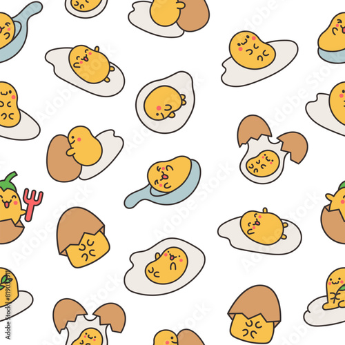 Kawaii yolk with funny face. Seamless pattern. Cartoon egg character for breakfast. Hand drawn style. Vector drawing. Design ornaments.