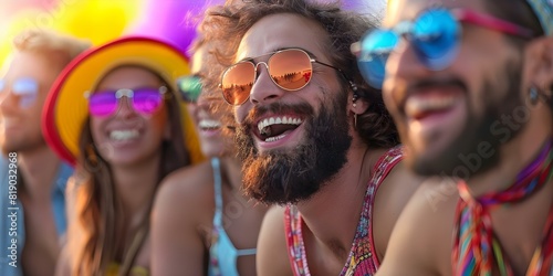 People in Sunglasses, a Bearded Man, and Hippy Attire Laughing Together. Concept People in sunglasses, bearded man, hippy attire, laughing together