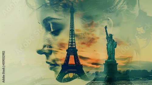Double exposure of the Eiffel Tower and Statue of Liberty, merging iconic world landmarks.
