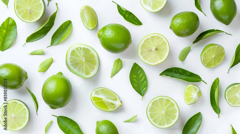Lime fruits, slices, and green leaves isolated on a white background, top view Lime fruits, slices, and green leaves isolated on a white background, top view