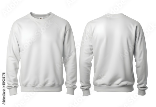 A pair of plain white sweatshirts against a white background photo