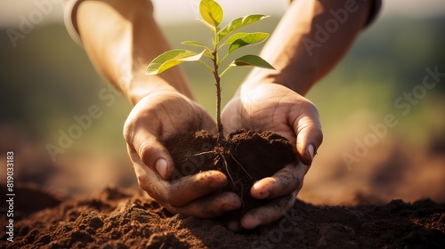 hands hold a plant sprout in the ground on a green blurred background.

Concept: Support for new beginnings, nature conservation, growth and development, environmental consciousness. photo