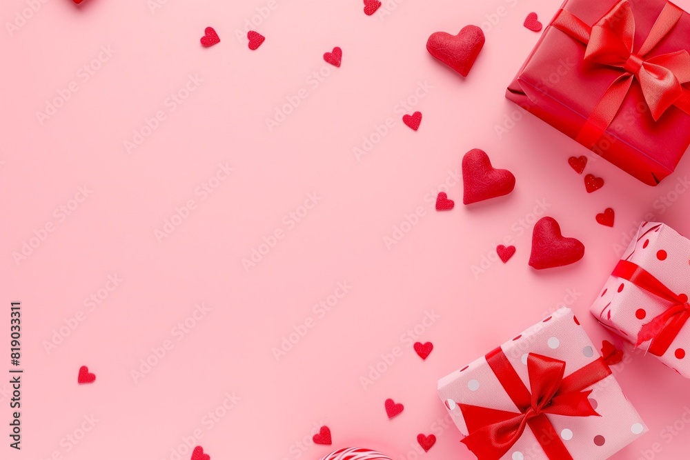 Flat lay view of pink background with red hearts and gift boxes on the right side, minimalist with copy space, negative spaces, high resolution photography. Flat lay view of pink background with red hearts and gift boxes on the right side, minimalist with copy space, negative spaces, high resolution photography.