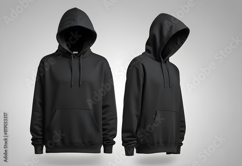 A pair of plain black hoodies against a white background