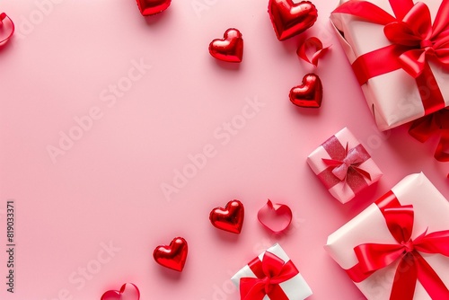 flatlay view of pink background with red hearts and gift boxes  minimalistic with copy space  negative spaces  high resolution photography  insanely detailed and fine details  isolated on white