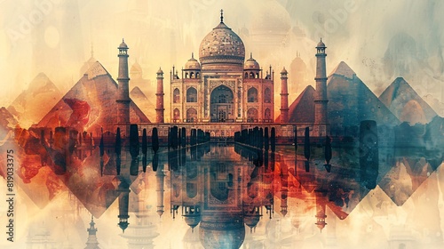 Double exposure of the Taj Mahal and the Pyramids of Giza, fusing ancient architectural marvels. photo