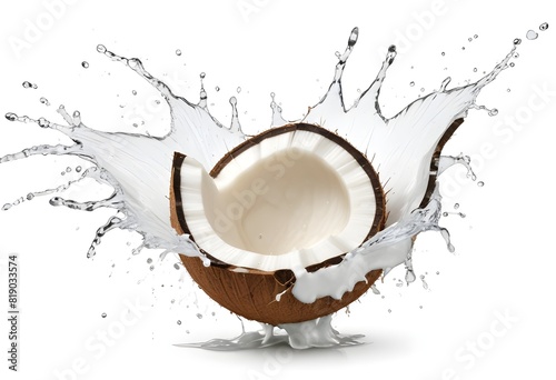 A cracked coconut with white coconut milk splashing around it