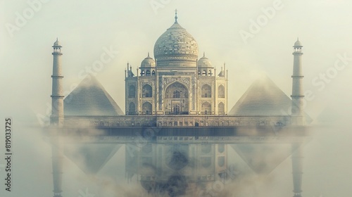 Double exposure of the Taj Mahal and the Pyramids of Giza, fusing ancient architectural marvels.
