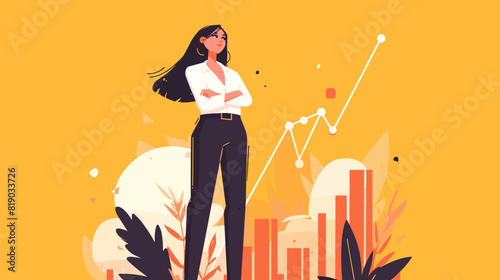 A confident business woman standing in front of a yellow background with a graph and some plants.