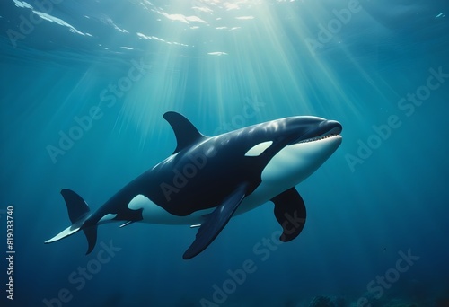 An orca swimming underwater in a blue-green ocean environment