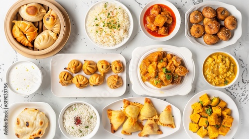 Top view collection of Indian foods isolated on a white background, including momos, butter chicken curry and rice, samosas, and pani puri photo