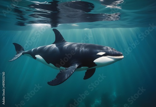An orca swimming underwater in a blue-green ocean environment © bahija