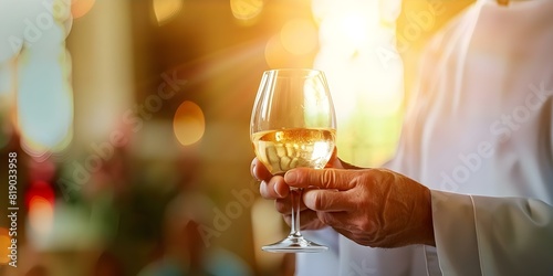 Priest offers communion cup of wine in Christian religious ceremony symbolizing sacrament. Concept Religious Symbolism, Christian Traditions, Communion Rituals, Spiritual Practices photo