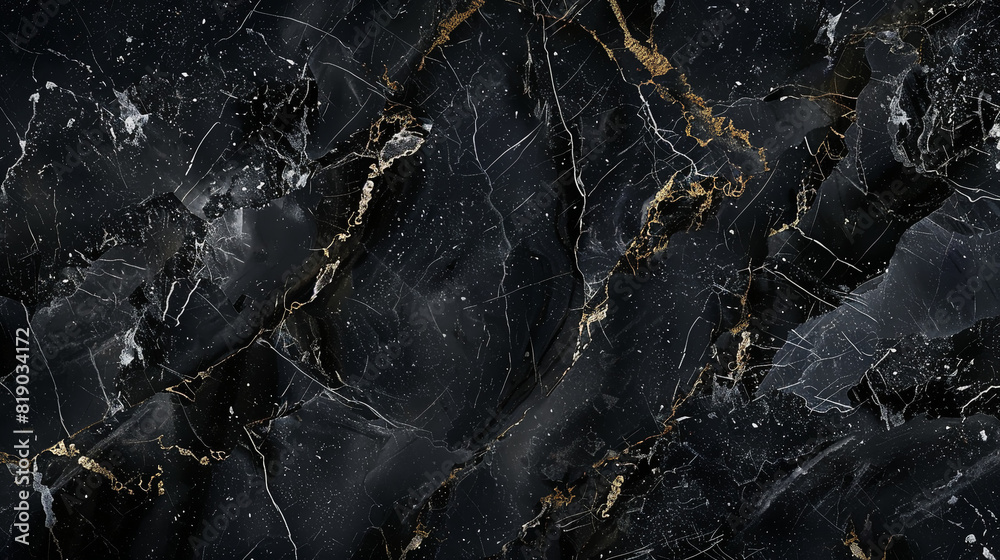 A dark marble texture with gold veins, perfect for creating luxurious and elegant designs. The background is a deep black color, showcasing the intricate patterns of natural stone. 