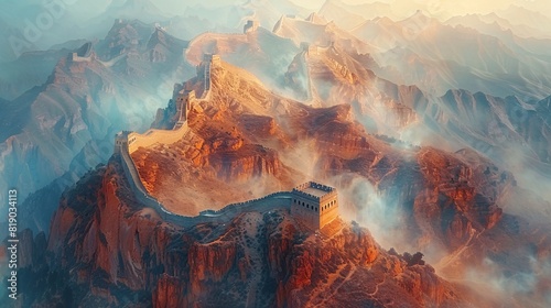 Double exposure: The Great Wall of China intertwined with the Grand Canyon, symbolizing the beauty of both natural and man-made wonders