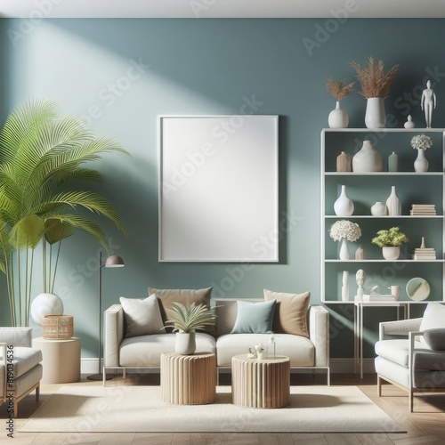 Blank Art Print photo frame mockup template of living room minimalism modern mediterania tropical rustic wood