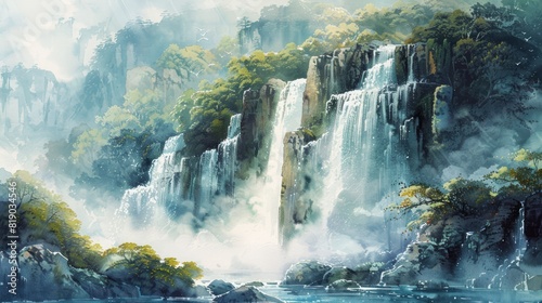 Fototapeta Naklejka Na Ścianę i Meble -  An inspiring watercolor painting of a majestic waterfall cascading down a rocky cliffside, surrounded by lush vegetation and mist, capturing the beauty of nature's power and serenity. 