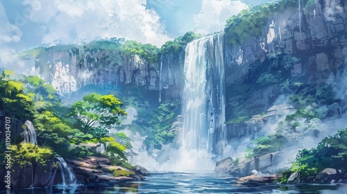 An inspiring watercolor painting of a majestic waterfall cascading down a rocky cliffside, surrounded by lush vegetation and mist, capturing the beauty of nature's power and serenity. 