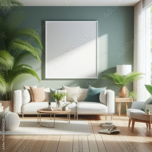 Blank Art Print photo frame mockup template of living room minimalism modern mediterania tropical rustic wood