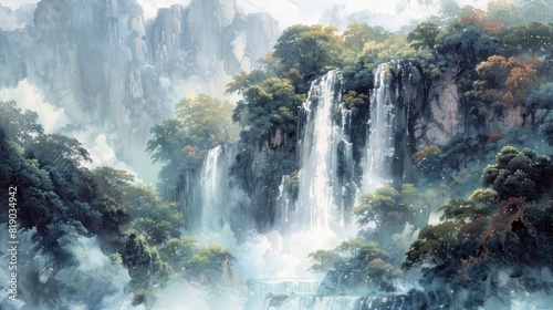 An inspiring watercolor painting of a majestic waterfall cascading down a rocky cliffside  surrounded by lush vegetation and mist  capturing the beauty of nature s power and serenity. 