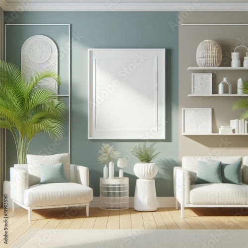 Blank Art Print photo frame mockup template of living room minimalism modern mediterania tropical rustic wood