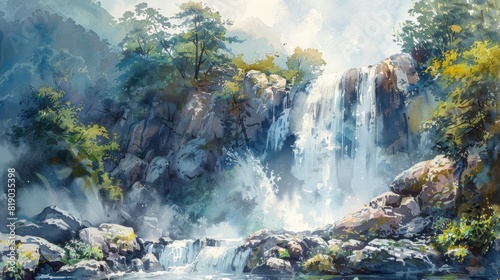 An inspiring watercolor painting of a majestic waterfall cascading down a rocky cliffside, surrounded by lush vegetation and mist, capturing the beauty of nature's power and serenity. 