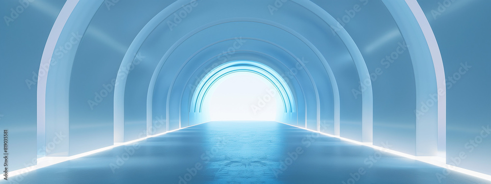 3d render of empty futuristic tunnel with light at the end, blue background, soft lighting, white arches