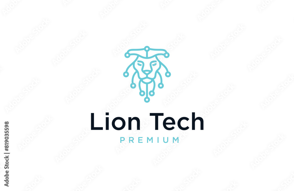 Lion tech line art style logo design template flat vector Lion tech line art style logo design template flat vector