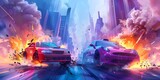 Cartoon city scene with two cars colliding headon smoke and fire. Concept Cityscapes, Car Accidents, Cartoon Illustrations, Smoke and Fire Effects
