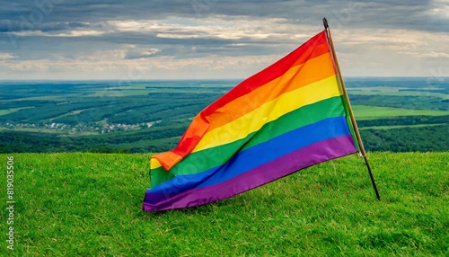 the straightened lgbt flag lies on the green grass