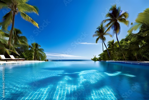 Summer haven: opulent pool, palm trees, tropical foliage, paradise vibe