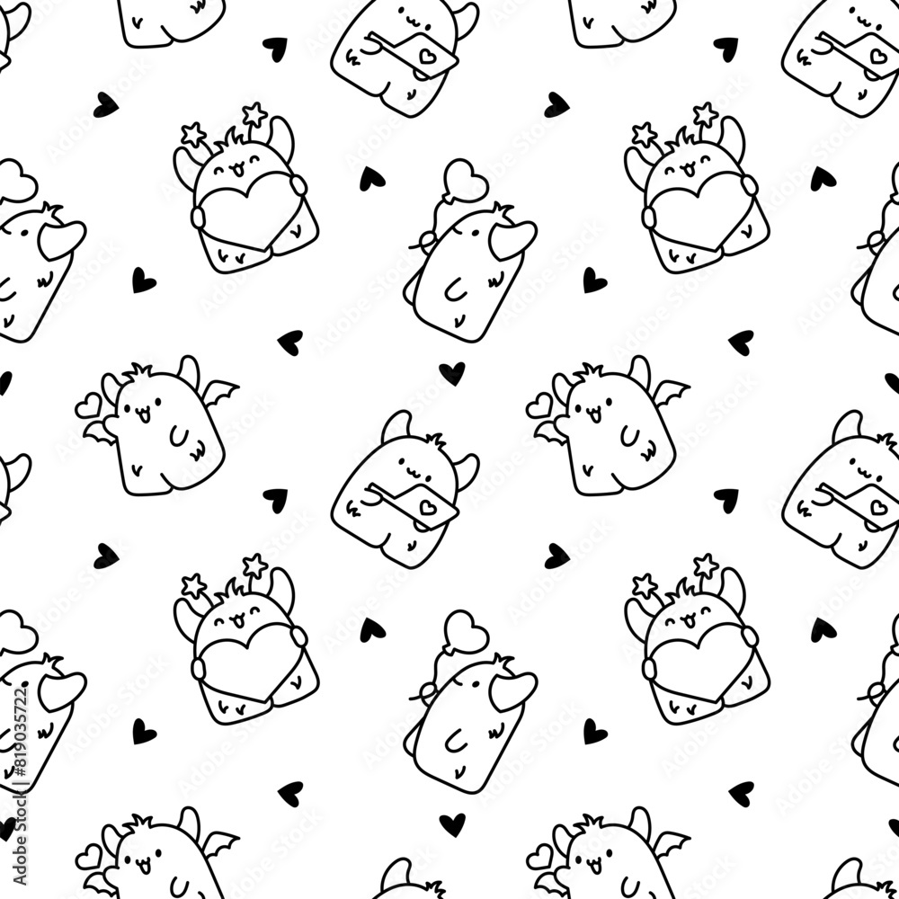 Funny kawaii monster cartoon. Seamless pattern. Coloring Page. Cute fantastic character. Hand drawn style. Vector drawing. Design ornaments. Funny kawaii monster cartoon. Seamless pattern. Coloring Page. Cute fantastic character. Hand drawn style. Vector drawing. Design ornaments.