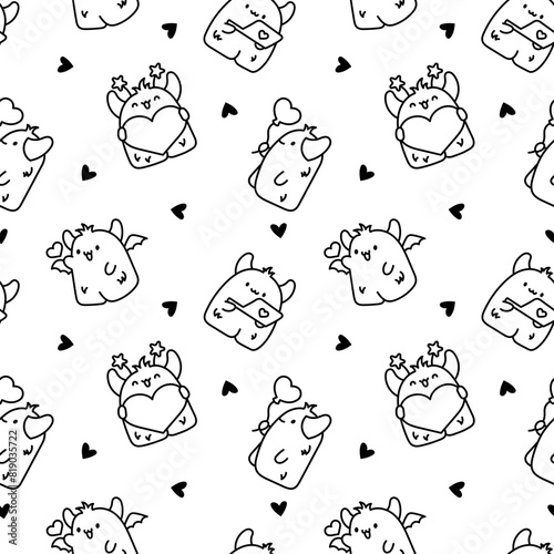 Funny kawaii monster cartoon. Seamless pattern. Coloring Page. Cute fantastic character. Hand drawn style. Vector drawing. Design ornaments.