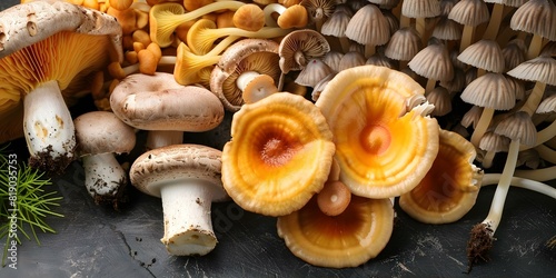 Various types of edible mushrooms used in cooking for their unique flavors. Concept Chanterelle, Morel, Shiitake, Porcini, Oyster photo