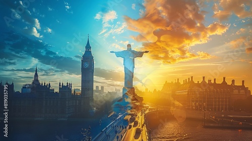 Visual merge of London's Big Ben and Rio's Christ the Redeemer, highlighting global tourism icons. photo