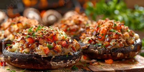 Indulge in gourmet goodness with healthy baked stuffed portobello mushrooms. Concept Healthy Eating, Gourmet Cooking, Stuffed Portobello Mushrooms, Baked Recipes photo