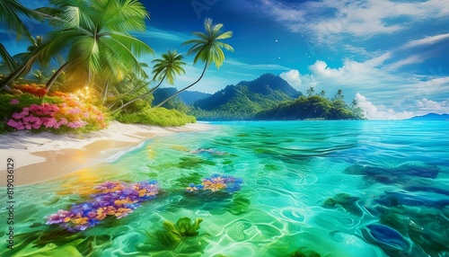 A tropical island paradise with crystal-clear turquoise waters  lush palm trees  vibrant 