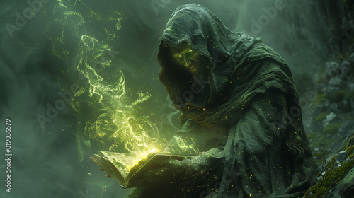 A hooded figure in dark green robes is reading a glowing magical book in a mystical forest. The figure's face is partially obscured by the hood, and green magical energy emanates from the book