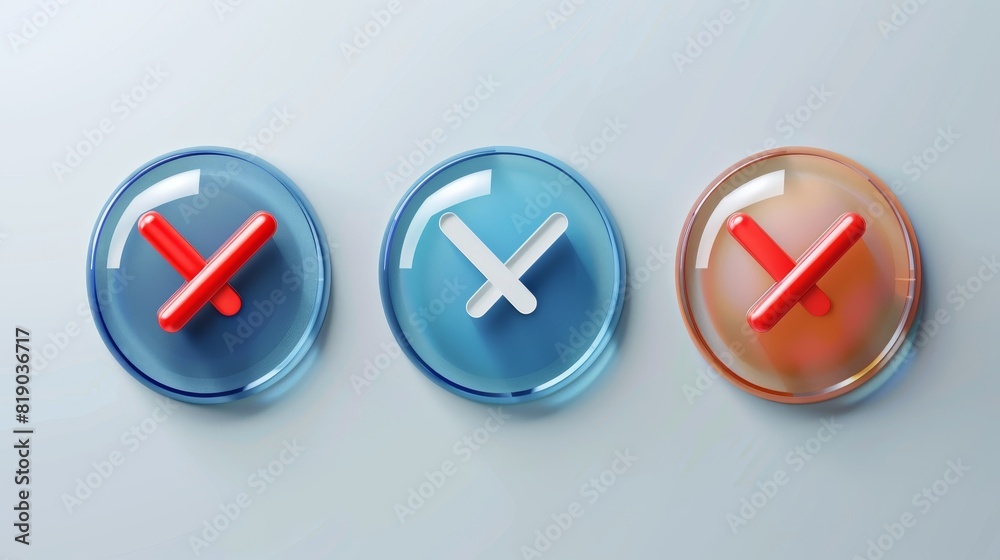 A set of realistic right and wrong 3D buttons. Check marks and crosses in a 3D minimalist style. Symbols of acceptance, rejection, and attention. Modern illustration. A set of realistic right and wrong 3D buttons. Check marks and crosses in a 3D minimalist style. Symbols of acceptance, rejection, and attention. Modern illustration.
