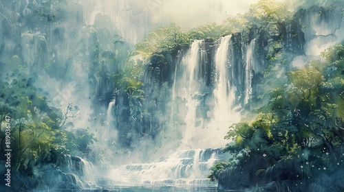 An inspiring watercolor painting of a majestic waterfall cascading down a rocky cliffside, surrounded by lush vegetation and mist, capturing the beauty of nature's power and serenity. 